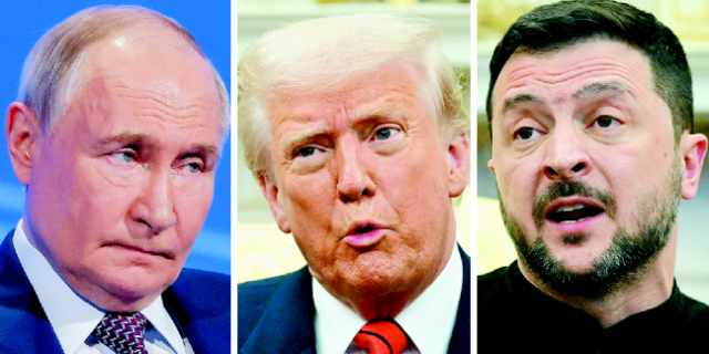 18일(현지 시간) 도널드 트럼프(가운데) 미국 대통령이 블라디미르 푸틴(왼쪽) 러시아 대통령과 러시아·우크라이나 전쟁 30일 휴전에 관련해 통화했다. 앞서 트럼프 대통령은 볼라디미르 젤렌스키(오른쪽) 우크라이나 대통령과 만나 휴전안에 합의했다. AFP연합뉴스