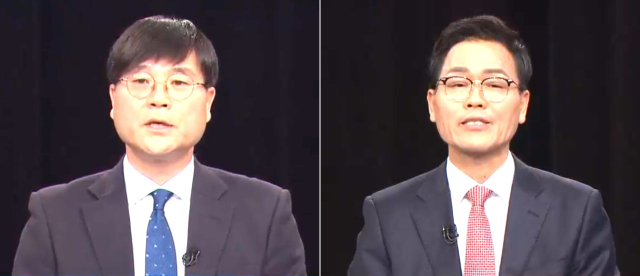 민주당 변광용 후보와 국민의힘 박환기 후보가 주도권 토론을 펼치고 있다. KBS창원 방송 캡처