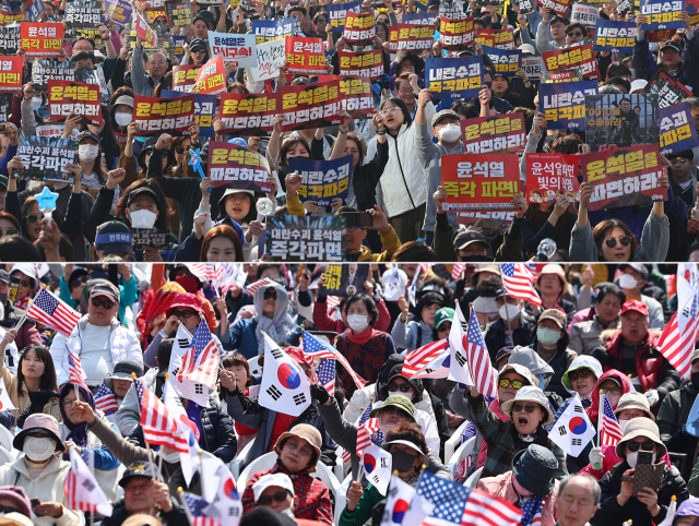 22일 서울 시내에서 윤석열 대통령 탄핵 찬반집회가 열리고 있다. 위쪽은 종로구 동십자각 앞에서 열린 윤석열 즉각퇴진·사회대개혁 16차 범시민대행진, 아래쪽은 중구 세종대로에서 열린 대한민국바로세우기운동본부 윤석열 대통령 탄핵반대 광화문국민대회. 연합뉴스