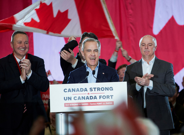 23일(현지 시간) 마크 카니 캐나다 총리가 뉴펀들랜드주에서 열린 자유당 선거 유세 현장에서 연설하고 있다. 로이터연합뉴스