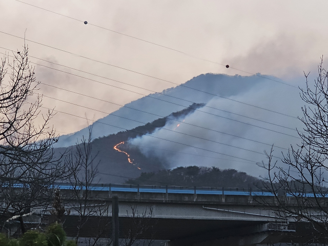 25일 오후 울산 울주군 온양읍 운화리에서 발생한 산불이 재확산하고 있다. 연합뉴스