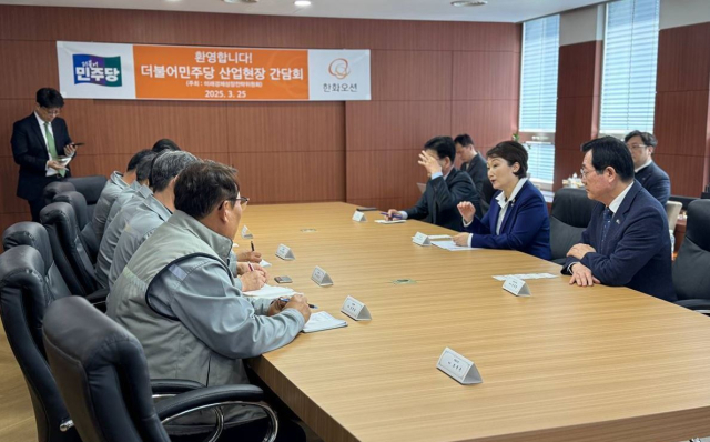 민주당 미래경제성장전략위원장을 맡고 있는 이언주(오른쪽 두 번째) 최고위원이 25일 경남 거제 한화오션에서 업계 관계자들과 간담회를 개최하고 있다. 이언주 의원실 제공