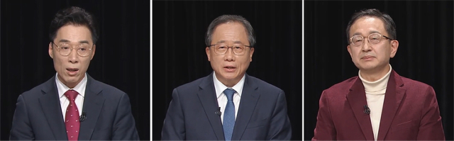 김석준(가운데) 후보는 지난 24일 부산시선거방송토론위원회 주관 후보자 대담회에, 최윤홍(왼쪽), 정승윤 후보는 25일 열린 초청 외 후보자 토론회에 참석해 부산 교육을 펼쳐나갈 각자의 공약을 밝혔다. 중앙선거방송토론위원회 유튜브 캡처