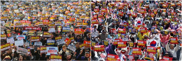 29일 서울 종로구 광화문 일대에서 윤석열 대통령 찬반 집회가 열리고 있다. 왼쪽은 윤석열 즉각 퇴진 사회대개혁 17차 범시민대행진, 오른쪽은 자유통일당 탄핵 반대 집회. 연합뉴스