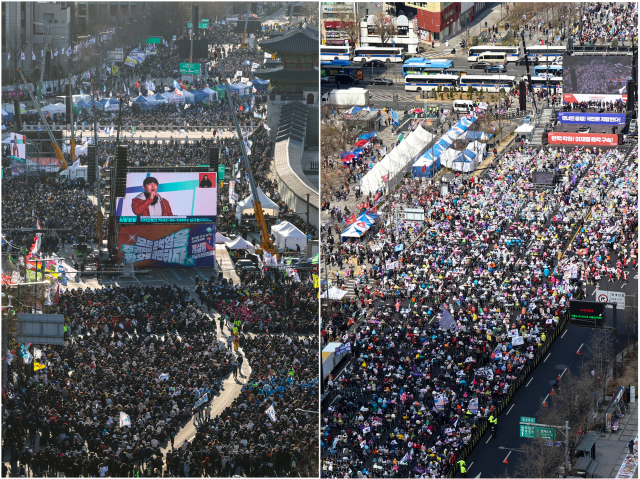 지난 29일 서울 종로구 광화문 일대에서 윤석열 대통령 찬반 집회가 열리고 있다. 왼쪽은 윤석열 즉각 퇴진 사회대개혁 17차 범시민대행진, 오른쪽은 자유통일당 탄핵 반대 집회. 연합뉴스