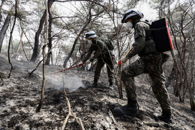 지난달 29일 경북 의성군 산불진화 지원작전 현장에서 육군 50사단 장병이 진화 장비를 이용해 잔불을 정리하고 있다. 육군 제공·연합뉴스