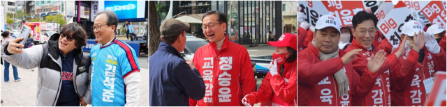 내달 2일 부산시교육감 재선거를 앞두고 후보들이 지난 주말 유세에 총력을 쏟았다. 시민들과 기념사진을 찍거나 지지를 호소하며 막판 표심 잡기에 나선 후보들 모습. 왼쪽부터 김석준, 정승윤, 최윤홍 후보. 각 후보 캠프 제공