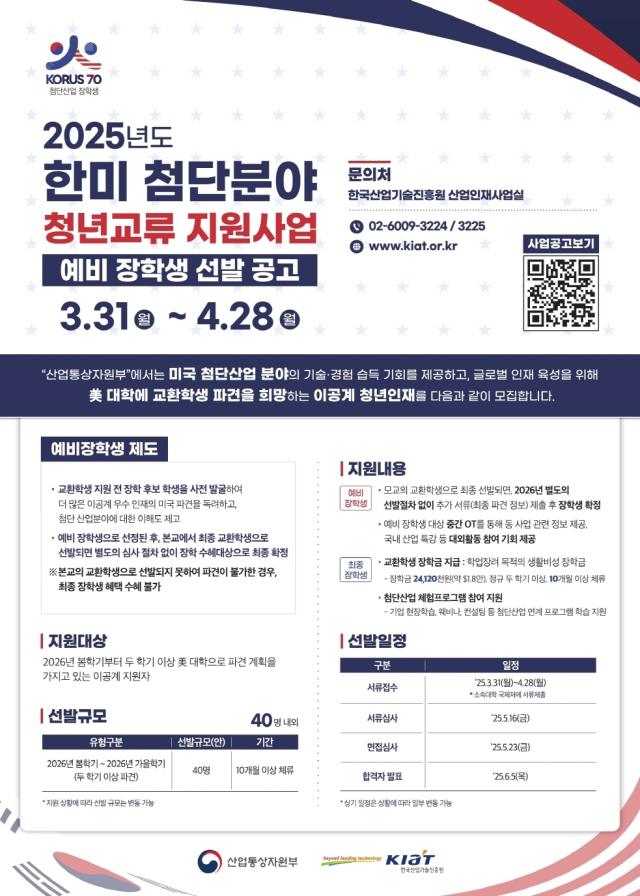 ‘2025년도 한·미 첨단분야 청년교류 지원사업 예비장학생 선발 공고’ 안내. KIAT 제공