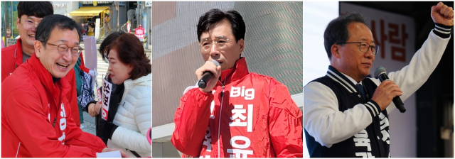 4·2 부산시교육감 재선거를 이틀 앞둔 31일 후보들이 시민들에게 지지를 호소하고 있다. 왼쪽부터 정승윤, 최윤홍, 김석준 후보. 각 후보 측 제공