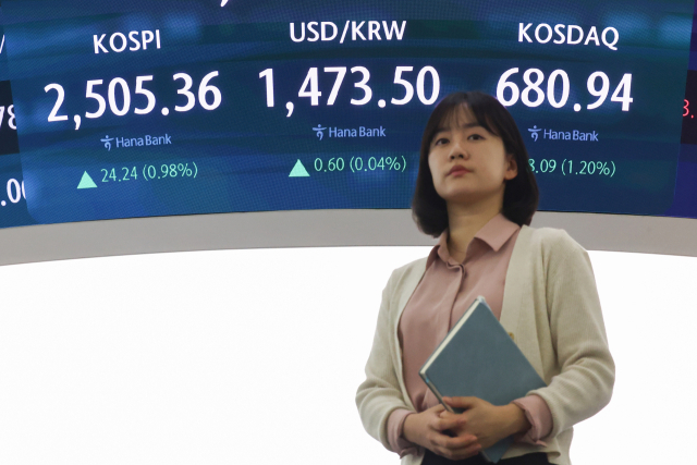 SK하이닉스, 카카오 등 유가증권시장(코스피) 상장사 14개사와 테크윙, 네이처셀 등 코스닥 상장사 29개사에 대한 공매도 거래가 1일 하루 동안 금지된다. 1일 오전 서울 중구 하나은행 본점 딜링룸 현황판에 코스피, 원달러 환율, 코스닥 지수가 표시돼 있다. 연합뉴스