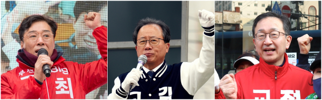 4·2 부산시교육감 선거 운동 마지막 날인 1일 후보들이 부산 곳곳을 돌며 유세에 나서 시민들의 지지를 호소하고 있다. 이날 저녁에는 서면에서 마지막 총력 유세가 펼쳐쳤다. 왼쪽부터 최윤홍, 김석준, 정승윤 후보. 각 후보 캠프 제공