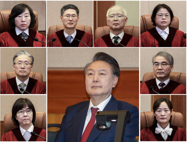 윤석열 대통령 탄핵심판 선고가 4일 오전 11시 서울 종로구 헌법재판소에서 열린다. 사진 윗줄 왼쪽부터 시계 방향으로 헌법재판소 대심판정에 앉은 정계선, 문형배, 정형식, 김복형, 조한창, 정정미 헌법재판관, 윤 대통령, 이미선, 김형두 헌법재판관. 연합뉴스