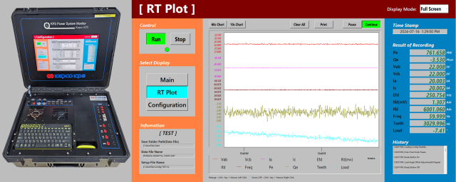 한전KPS가 자체 개발한 기술특성시험 특화장비 KPSM 실물(왼쪽) 및 계측화면(오른쪽). 한전KPS 제공