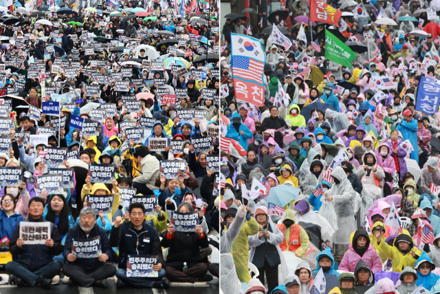헌법재판소가 윤석열 전 대통령의 파면을 선고한 다음 날인 5일 서울 종로구 광화문 일대에서 찬성(왼쪽)·반대 집회가 열리고 있다. 연합뉴스