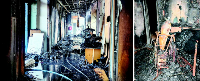 지난 2월 14일 화재가 발생한 부산 기장군 반얀트리 리조트 공사 현장 내부. 경찰 조사 결과 용접 도중 생긴 불티에서 불이 시작된 것으로 드러났다. 오른쪽은 화인으로 지목된 불티가 발생한 용접기. 부산소방재난본부·부산경찰청 제공