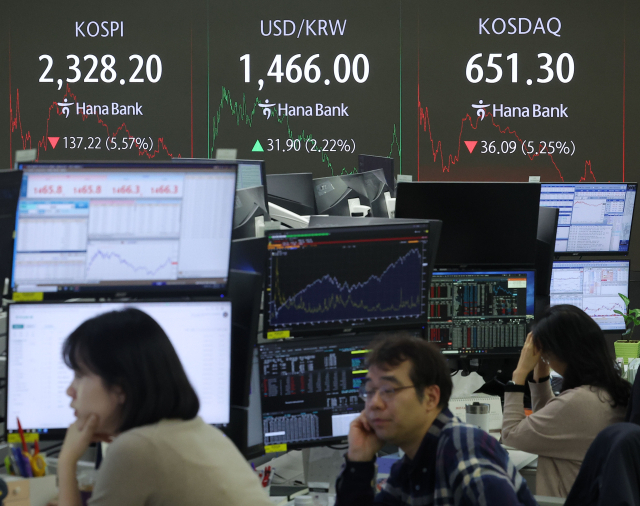 코스피가 전장보다 137.22p(5.57%) 내린 2328.20로 마감한 7일 오후 서울 중구 하나은행 딜링룸에서 딜러들이 업무를 보고 있다. 연합뉴스