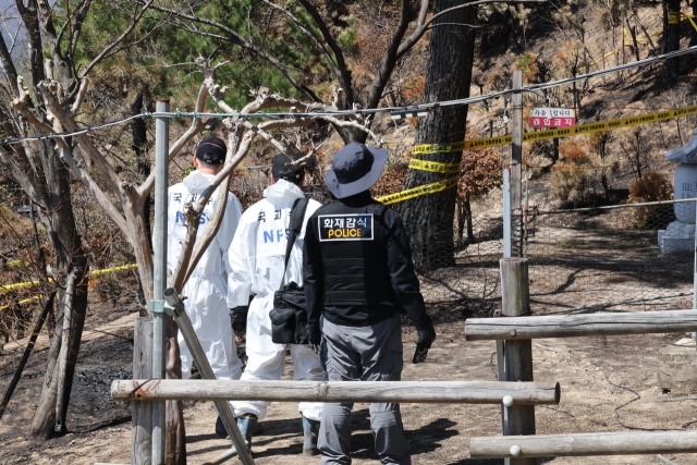 지난 7일 오전 울산 울주군 언양읍 화장산 산불 원인 규명을 위한 관계기관 합동 감식이 최초 발화지로 추정되는 현장 인근에서 이뤄지고 있다. 연합뉴스