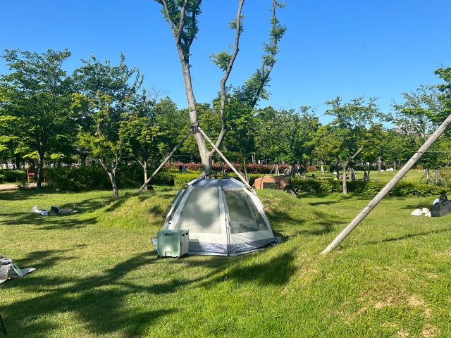 부산시설공단은 오는 12일부터 부산시민공원 전역에서 그늘막 텐트 설치를 전면 허용한다고 9일 밝혔다. 사진은 지난해 공원 이용객이 그늘막 텐트를 설치하고 휴식을 취하는 모습. 부산시설공단 제공