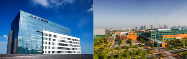 삼성바이오에피스 사옥(왼쪽)과 셀트리온 사옥 사진. 각 사 제공