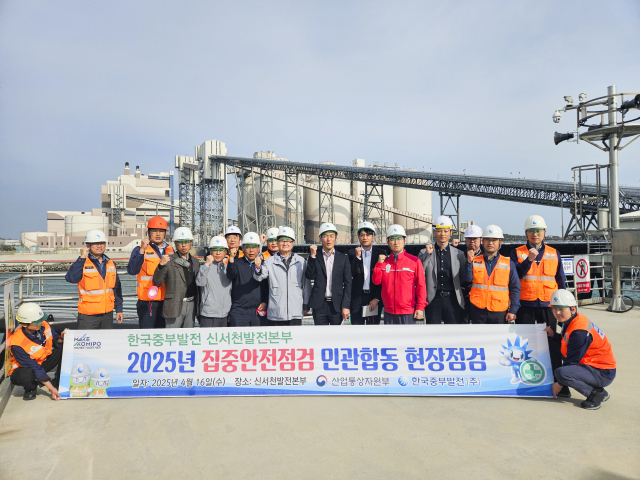 지난 16일 한국중부발전 신서천발전본부에서 발전설비와 주요 시설물을 대상으로 ‘산업부 주관 민관합동 집중안전점검’을 펼치고 단체기념사진을 촬영하고 있다. 중부발전 제공