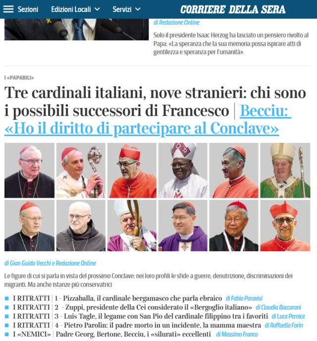 이탈리아 최대 일간지 코리에레 델라 세라의 차기 교황 후보로 한국 유흥식 라자로 추기경이 11번째로 언급됐다. 코리에레 델라 세라 홈페이지 캡처