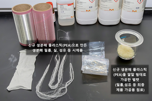 신규 생분해 플라스틱(PEA 소재)을 쌀알 형태로 만든 펠렛 및 이를 가공해 만든 생분해 필름, 섬유 등 시제품. 화학연구원 제공