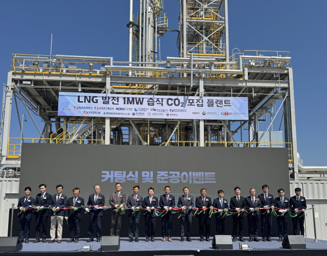 (왼쪽 6번째부터) 한국에너지기술평가원 이재설 기술혁신본부장, 한국동서발전 도순구 미래사업단장, 울산광역시 안승대 행정부시장, 한국전력공사 문일주 CTO, 한국전력기술 김일배 부사장 등 기관 임원들이 커팅식 및 준공 기념사진을 찍는 모습. 동서발전 제공