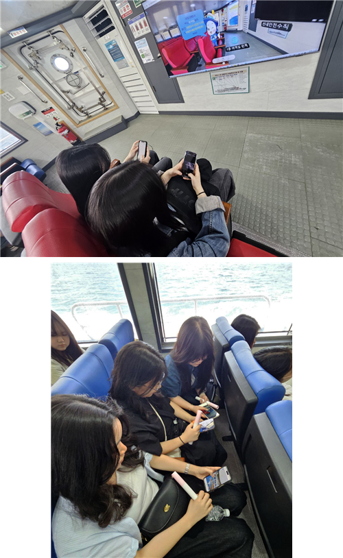 지난달 30일 여객선에 승선한 청주 중앙여자고등학교 학생들이 ‘여객선어때’ 웹서비스의 VR 콘텐츠를 활용해 여객선 안전교육을 받고 있다. KOMSA 제공