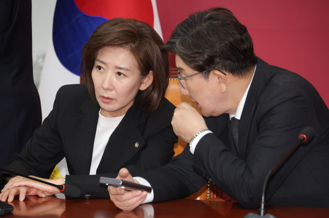 국민의힘 대선 선거대책위원장에 내정된 나경원 의원과 권성동 원내대표가 4일 국회에서 열린 당 선거대책위원회 회의에서 대화를 나누고 있다. 연합뉴스