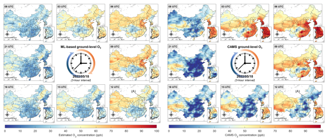 그림. 기존 모델과 개발된 모델의 오존 모니터링 성능 비교. 연구 기간 동안 일 평균 지표면 오존(O3) 농도가 가장 높았던 2022년 5월 18일에 대해 기계학습 기반 O3 추정 모델(왼쪽)과 ECMWF CAMS(오른쪽)에서 산출한 3시간 간격 지표면 오존 분포 비교. UNIST 제공