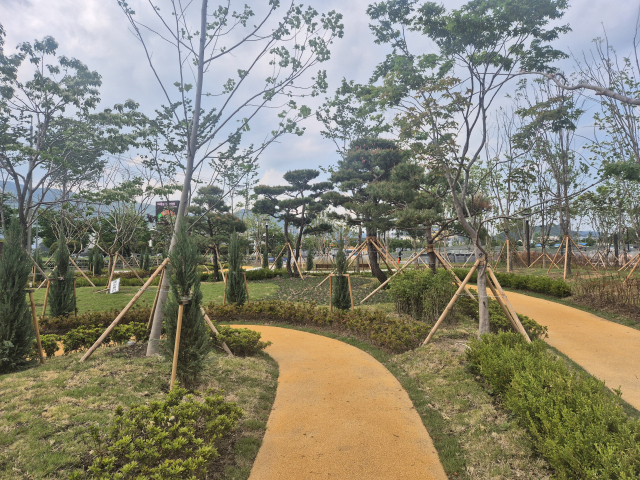 이달 17일 준공 예정인 명동공원 내에 조성된 맨발산책로 전경. 양산시 제공