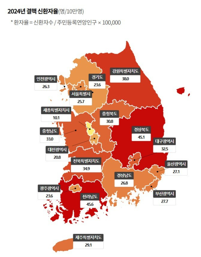 2024 결핵 신환자율. 질병관리청 제공