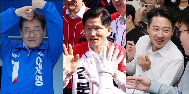 시민들과 소통하는 이재명·김문수·이준석 대선후보들. 연합뉴스