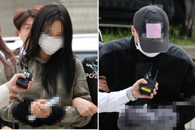 축구 국가대표팀 주장 손흥민의 아이를 임신했다고 주장하며 손 씨에게 돈을 뜯어내려 한 20대 여성 양 모 씨(왼쪽)와 40대 남성 용 모 씨가 17일 영장실질심사를 받기 위해 서울중앙지법에 들어서고 있다. 연합뉴스