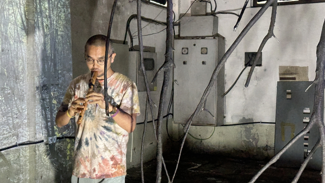 24일 오후 부산 사상구 일산수지에서 열린 '생명전' 개막식에서 생태 음악가 봄눈별이 축하 공연을 하고 있다. 봄눈별은 전시 작품을 돌아보며 받은 영감을 즉흥연주로 풀어냈다. 부산민예총 제공