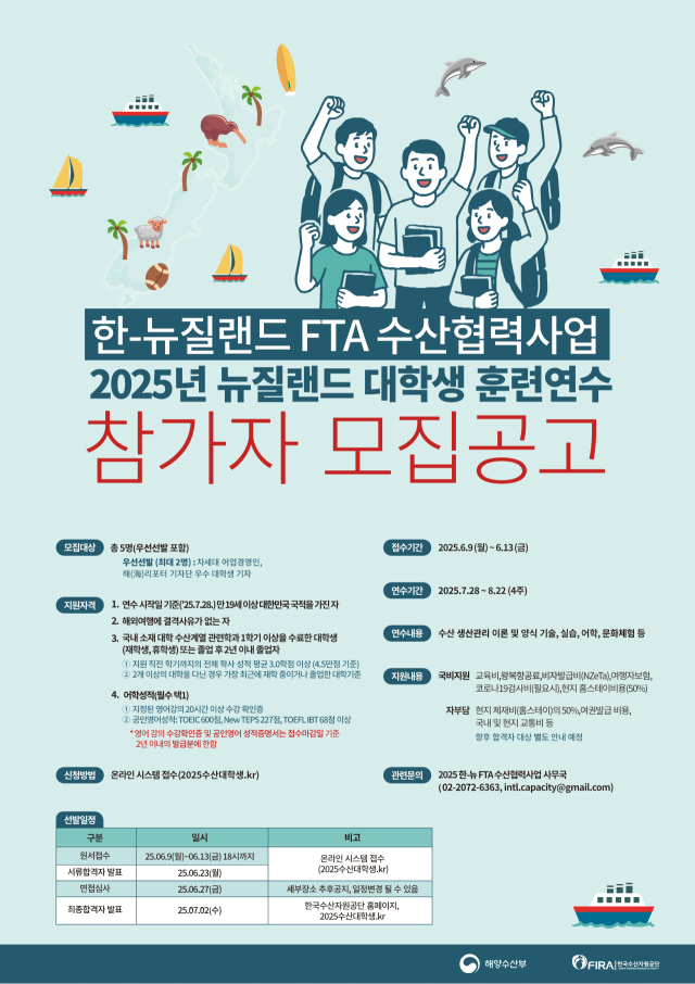 ‘한-뉴질랜드 FTA 수산협력사업 2025년 뉴질랜드 대학생 훈련연수 참가자 모집공고’ 홍보 포스터. 해수부 제공