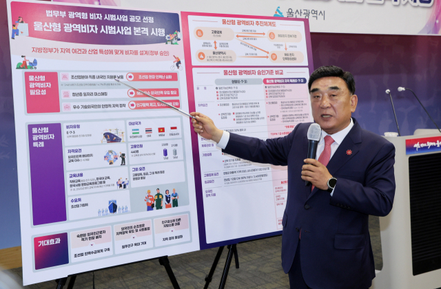 김두겸 울산시장이 26일 울산시청 프레스센터에서 법무부의 ‘울산형 광역 비자’ 시범사업 승인에 대해 설명하고 있다. 울산시 제공