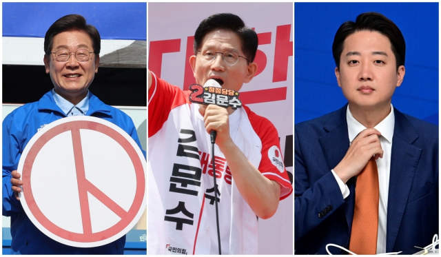 왼쪽부터 더불어민주당 이재명 대선 후보, 국민의힘 김문수 대선 후보, 개혁신당 이준석 대선 후보. 연합뉴스