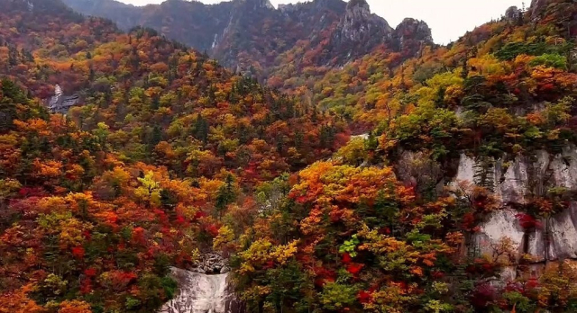 북한 조선중앙TV가 2023년 10월 촬영한 금강산 10대 경관의 하나인 가을 단풍 모습.조선중앙TV 화면 갈무리.연합뉴스