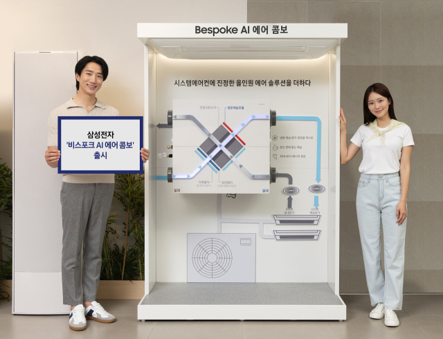 삼성전자 모델들이 사계절 내내 집안 곳곳을 쾌적하게 관리하는 똑똑한 공조시스템 ‘비스포크 AI 에어 콤보’를 소개하고 있다.삼성전자 제공