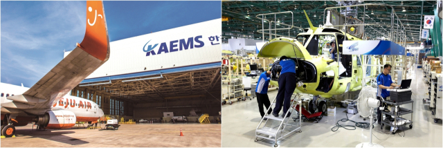 우주항공복합도시로 향하는 경남 사천시에는 제조업 수준 업그레이드가 절실하다. 왼쪽부터 한국항공서비스(KAEMS) 정비 모습과 한국항공우주산업(KAI) 기체 조립 모습. 사천시 제공