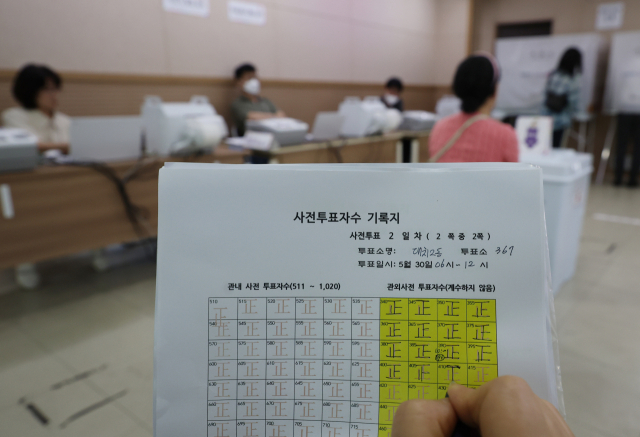 21대 대통령 선거 사전투표 둘째날인 30일 서울 강남구 대치2동주민센터에 마련된 사전전투표소에서 참관인이 사전 투표자 수를 기록하고 있다. 연합뉴스