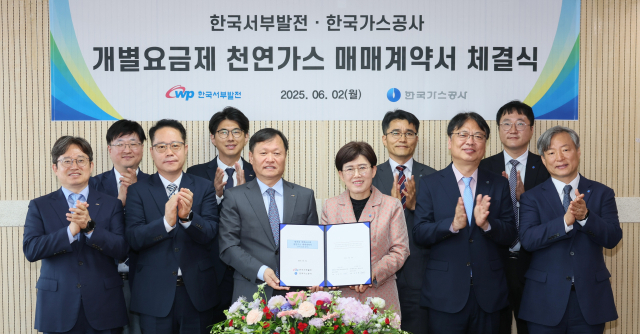 한국서부발전은 2일 서울 중구 엘앤지 비즈니스 허브(LNG Business Hub)에서 가스공사와 ‘발전용 개별요금제 천연가스 매매계약 체결식’을 진행했다. 이정복 서부발전 사장(앞줄 왼쪽 세 번째)과 최연혜 가스공사 사장(네 번째) 등 참석자가 기념 촬영하는 모습. 서부발전 제공