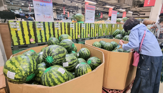 이마트 문현점의 일렉트로마트 선풍기 매대(위)와 메가마트 동래점의 수박 매대. 각 사 제공