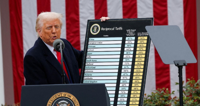 지난 4월 2일(현지시간) 미국 백악관 로즈가든에서 상호 관세를 발표하고 있는 도널드 트럼프 대통령. 로이터 연합