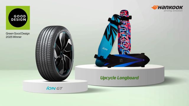 한국타이어 ‘아이온 GT(왼쪽)’와 ‘업사이클 롱보드’. 한국타이어 제공
