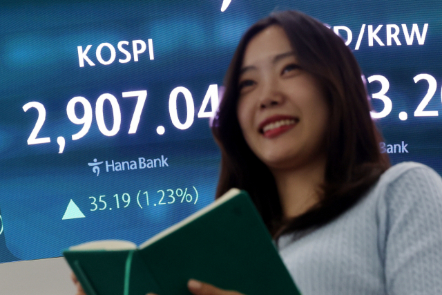 코스피가 5거래일 연속 상승해 2900대에 안착한 11일 서울 중구 하나은행 딜링룸 현황판에 코스피 종가가 표시되어 있다. 연합뉴스