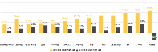 주요 가공식품 가격 상승률(출처: 통계청 소비자물가지수). 한국소비자단체협의회 제공