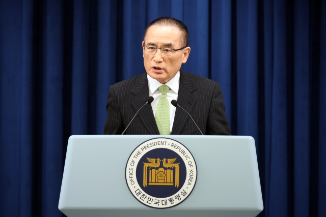 위성락 국가안보실장이 15일 서울 용산 대통령실에서 이재명 대통령 캐나다 G7 정상회의 참석 관련 설명을 하고 있다. 연합뉴스