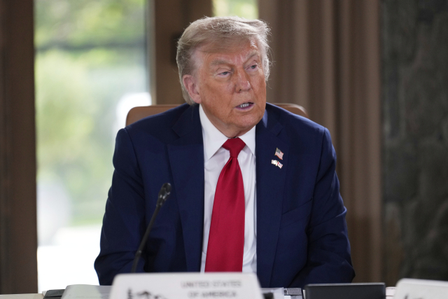 16일(현지 시간) 캐나다 카나나스키스에서 열린 주요 7개국(G7) 정상회의에서 도널드 트럼프 미국 대통령이 발언하고 있다. AP연합뉴스